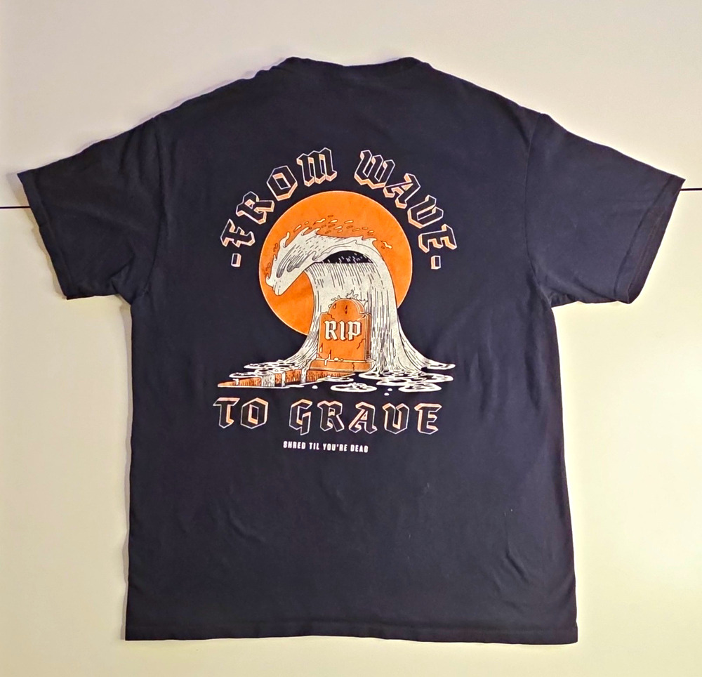 CHOMP From Wave to Grave T Shirt Men M Black Surf Skate Graphic Tee 100% Cotton